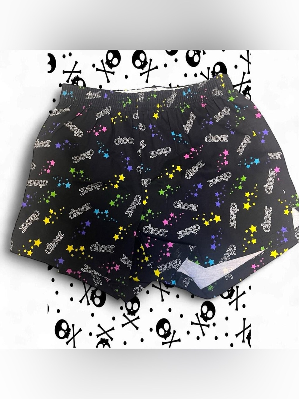 Soffe Black Athletic Shorts with Multicolor Stars and 'Cheer' Print